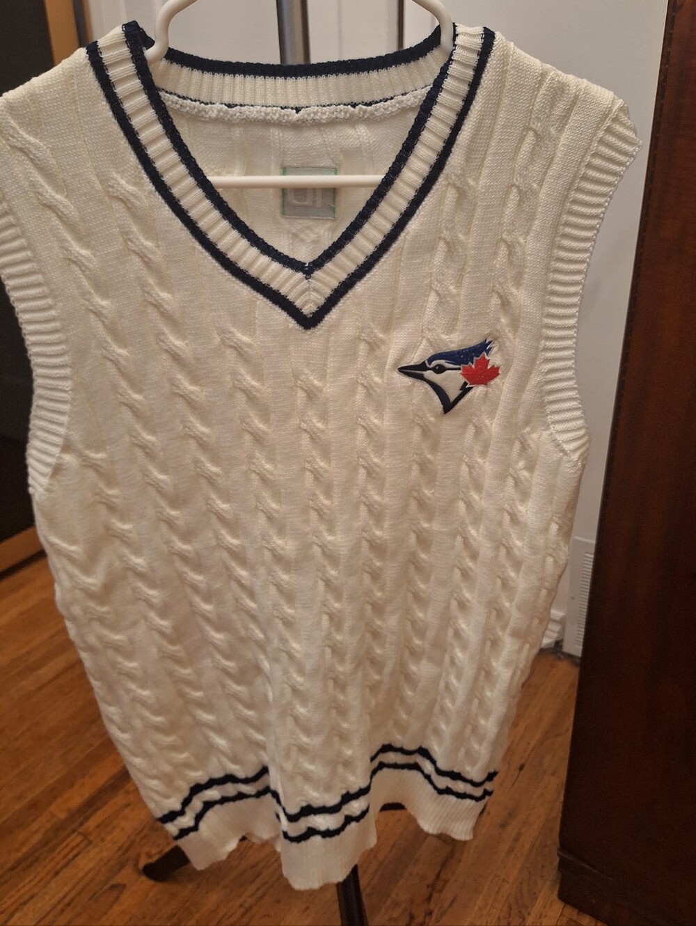 Blue Jays White Cable Knit V-Neck Sweater Vest with Navy Trim